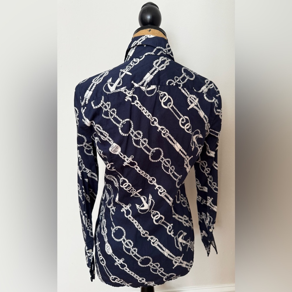 Ralph Lauren Navy and White Chain Print Button-Up Shirt - Picture 2 of 4
